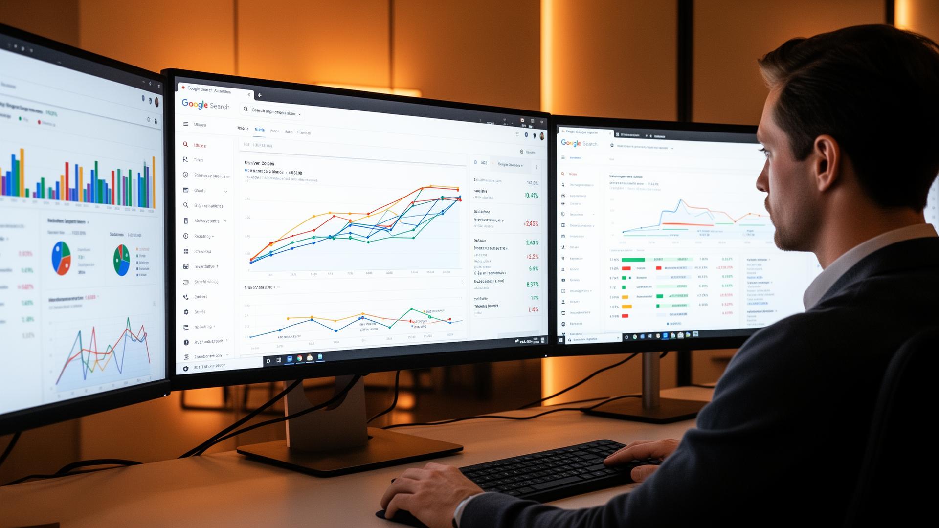 Marketing expert analyzing Google search algorithm data on computer monitors