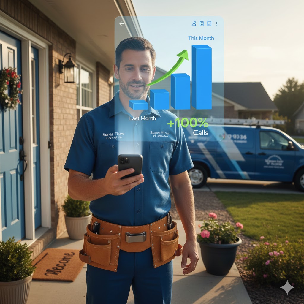 Home service contractor checking phone with business growth chart showing increased calls