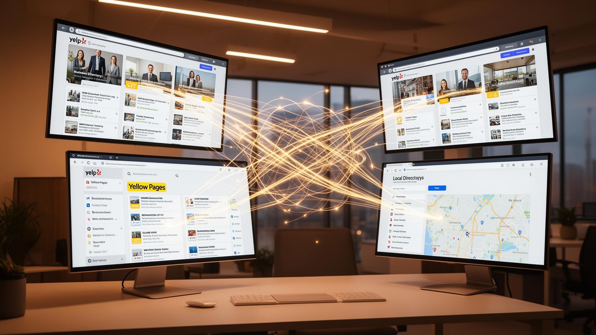 Business directory listings connected across multiple platforms showing NAP consistency