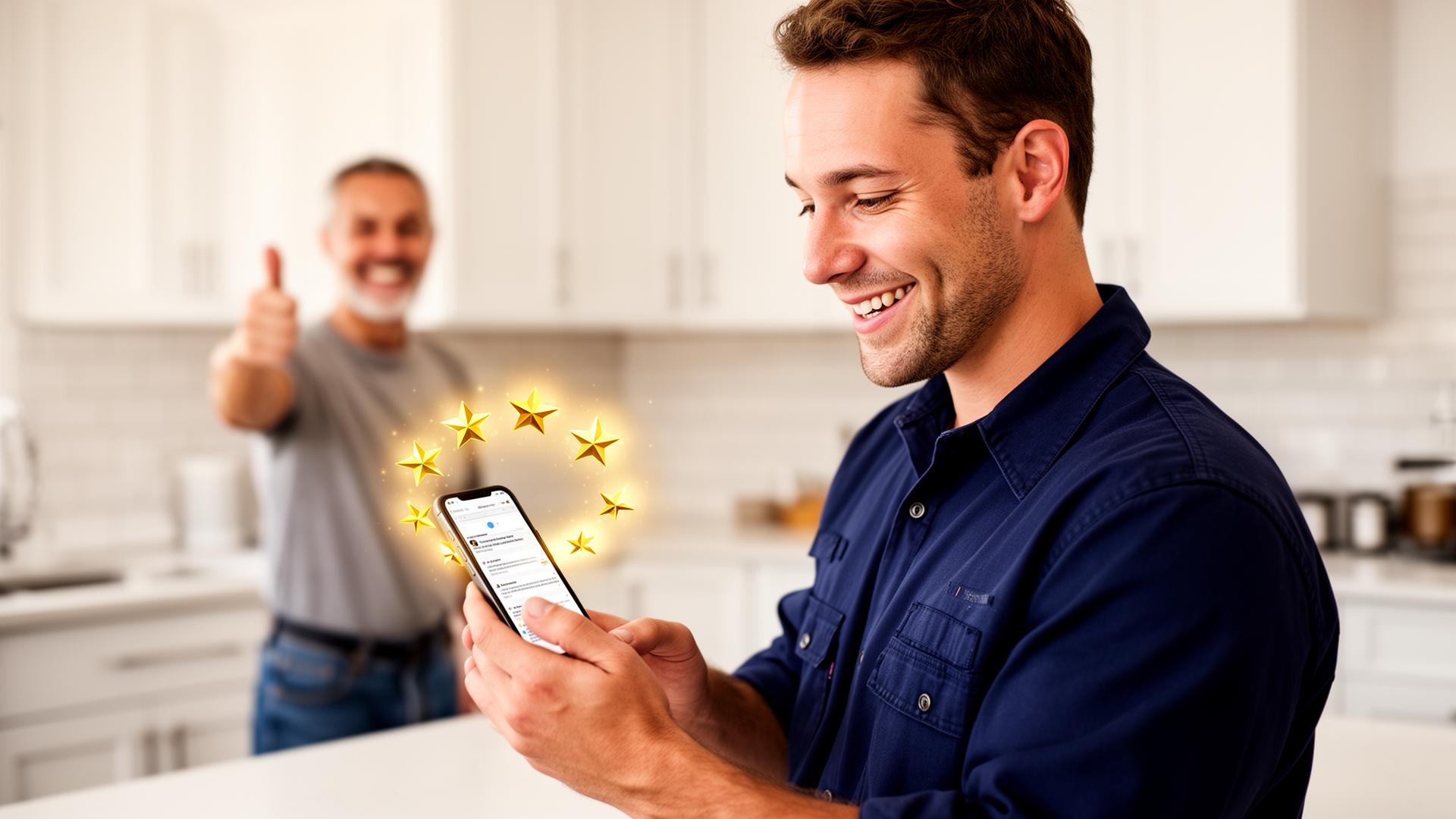 5-star reviews floating around smartphone with home service icons