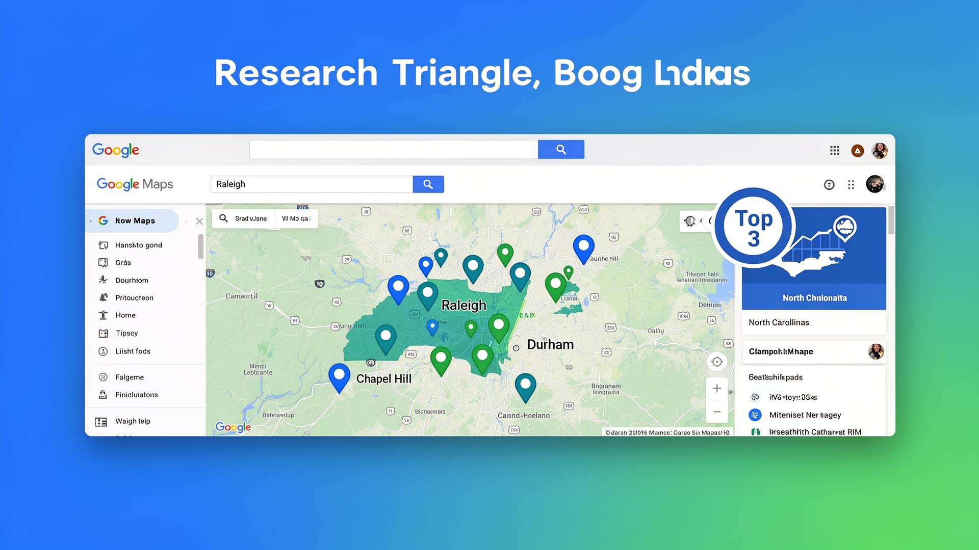 Google Maps interface showing Research Triangle area with Raleigh, Durham, and Chapel Hill locations and Top 3 ranking badge