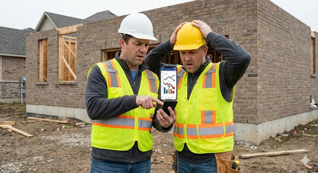 Two contractors in safety vests looking concerned at declining analytics on a phone