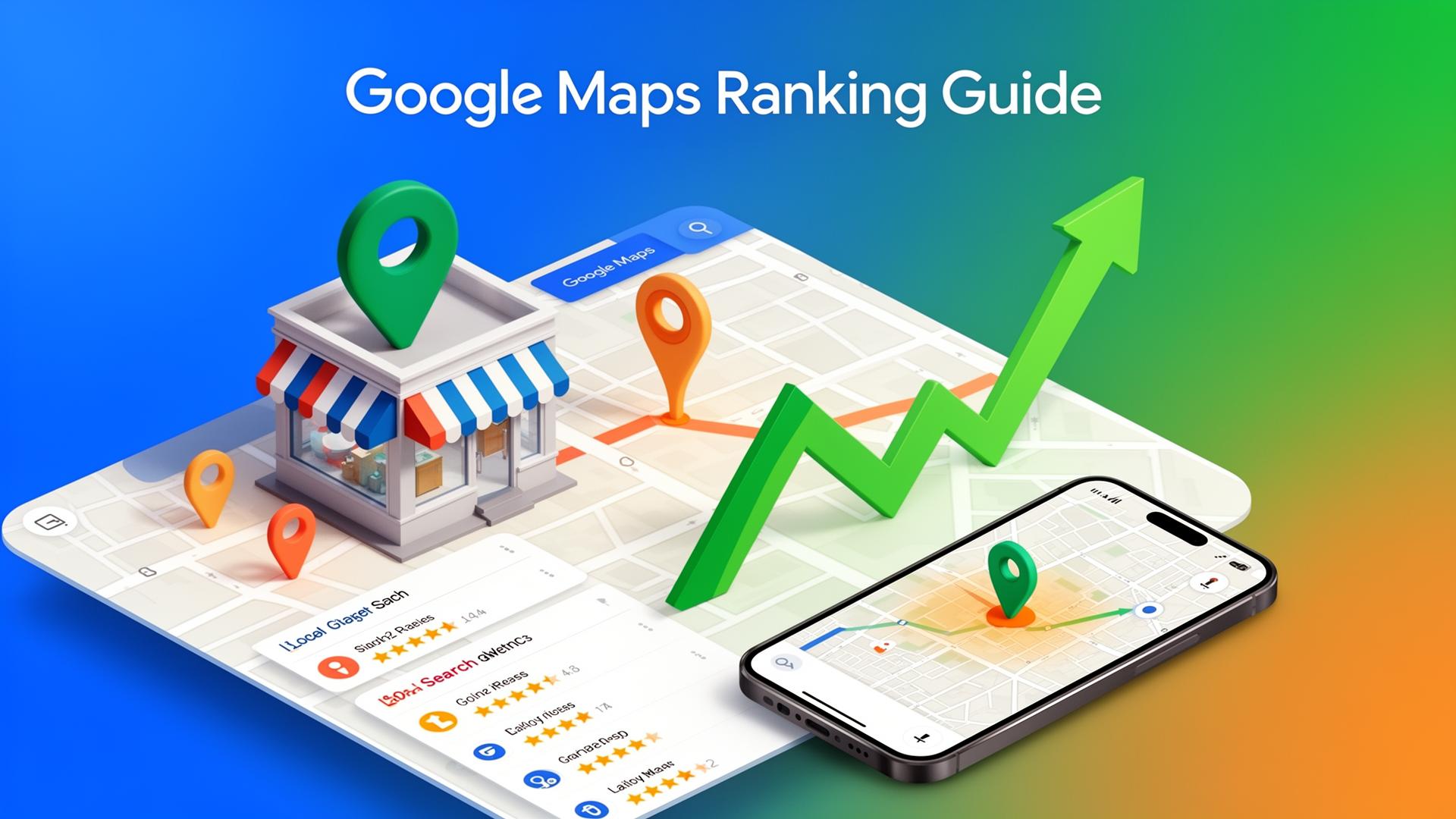 Google Maps ranking optimization showing map pins and 5-star reviews for local SEO success